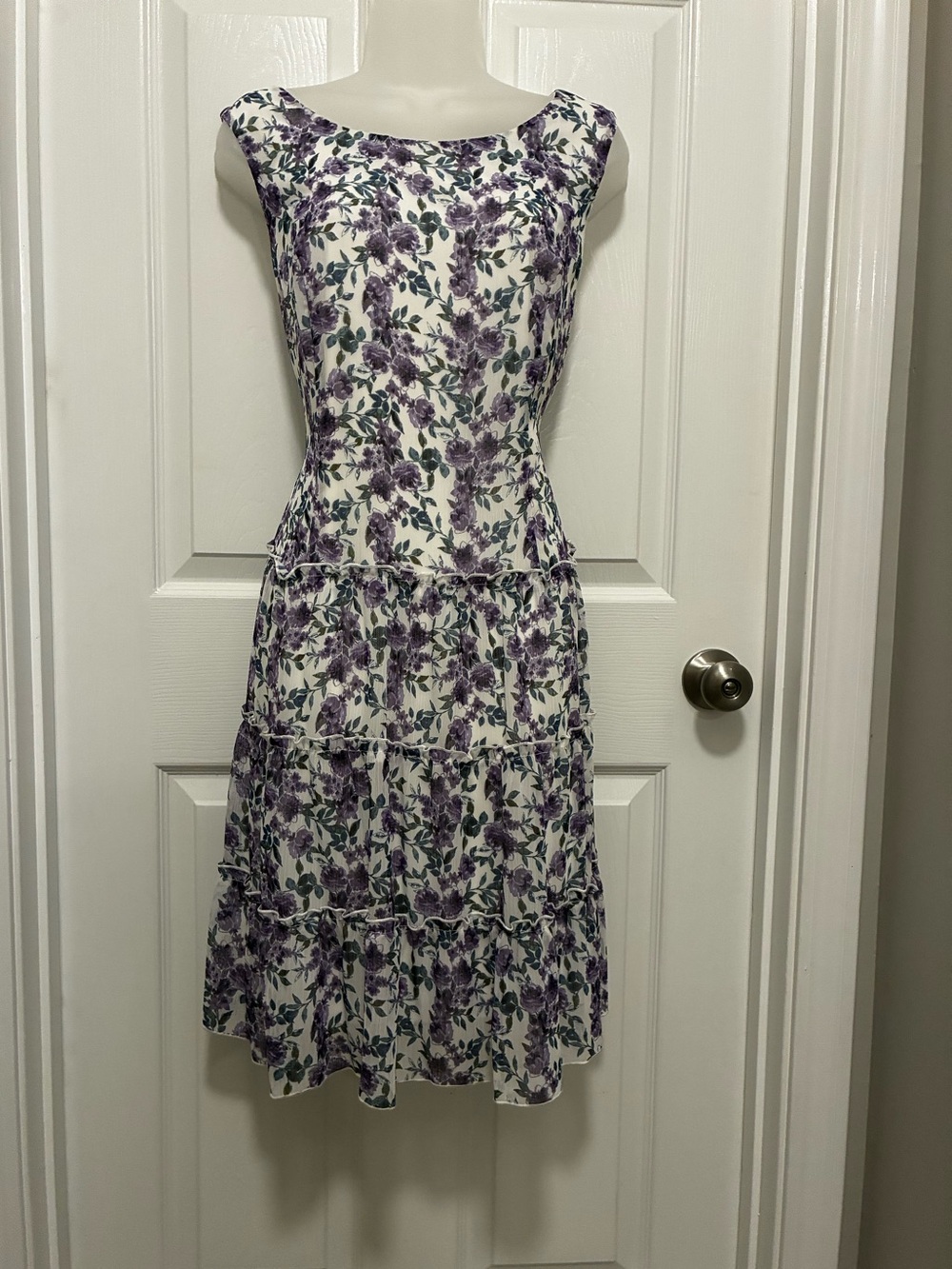 connected apparel White Floral Tiered Midi Dress with Purple Accents